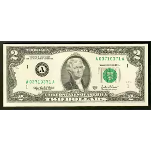 $2 2003-A. Green seal Small Size $2 Federal Reserve Notes 1938-A