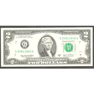 $2 2003-A. Green seal Small Size $2 Federal Reserve Notes 1938-G