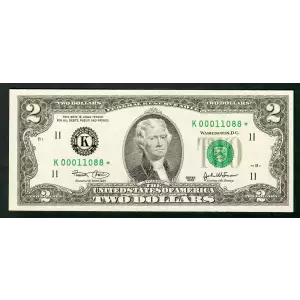 $2 2003 Green seal Small Size $2 Federal Reserve Notes 1937-K*