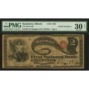 $2 Original red with rays, red serial no., without bank charter no. First Charter Period 389