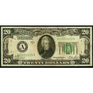 $20 1928-B. Green seal. Small Size $20 Federal Reserve Notes 2052-A