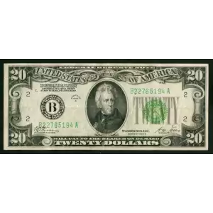 $20 1928-B. Green seal. Small Size $20 Federal Reserve Notes 2052-B