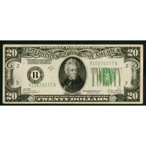 $20 1928-B. Green seal. Small Size $20 Federal Reserve Notes 2052-B