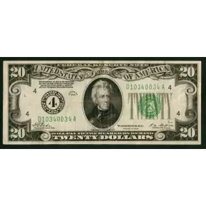 $20 1928 Green seal. Small Size $20 Federal Reserve Notes 2050-D