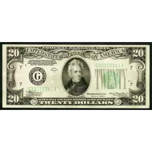 $20 1934-A. blue-Green seal. Small Size $20 Federal Reserve Notes 2055-G