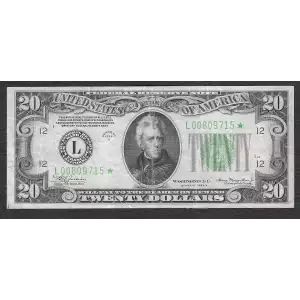 $20 1934-A. blue-Green seal. Small Size $20 Federal Reserve Notes 2055-L*