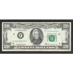 $20 1969 blue-Green seal. Small Size $20 Federal Reserve Notes 2067-F