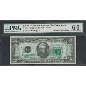 $20 1974 blue-Green seal. Small Size $20 Federal Reserve Notes 2071-B