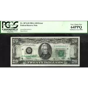 $20 1981-A. blue-Green seal. Small Size $20 Federal Reserve Notes 2074-D