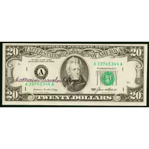 $20 1985 blue-Green seal. Small Size $20 Federal Reserve Notes 2075-A