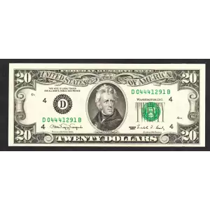 $20 1990 blue-Green seal. Small Size $20 Federal Reserve Notes 2077-D