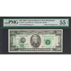 $20 1990 blue-Green seal. Small Size $20 Federal Reserve Notes 2077-E
