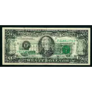 $20 1990 blue-Green seal. Small Size $20 Federal Reserve Notes 2077-F