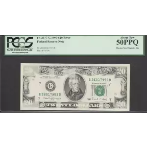 $20 1990 blue-Green seal. Small Size $20 Federal Reserve Notes 2077-G