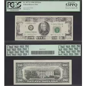 $20 1990 blue-Green seal. Small Size $20 Federal Reserve Notes 2077-G