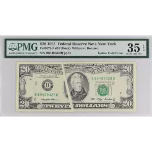 $20 1993 blue-Green seal. Small Size $20 Federal Reserve Notes 2079-B