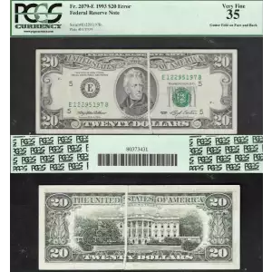 $20 1993 blue-Green seal. Small Size $20 Federal Reserve Notes 2079-E