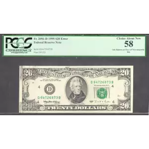 $20 1995 blue-Green seal. Small Size $20 Federal Reserve Notes 2081-D