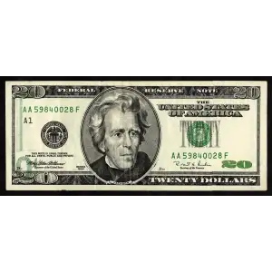 $20 1996 blue-Green seal. Small Size $20 Federal Reserve Notes 2083-A