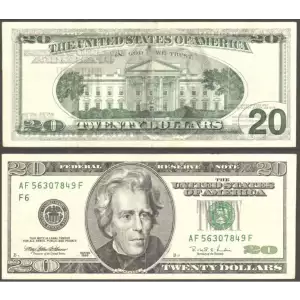 $20 1996 blue-Green seal. Small Size $20 Federal Reserve Notes 2083-F