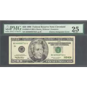 $20 1999 blue-Green seal. Small Size $20 Federal Reserve Notes 2085-D