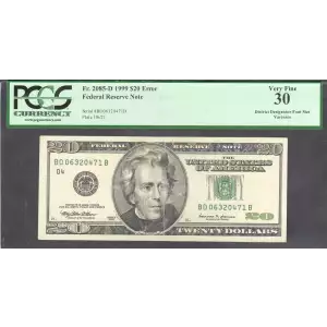 $20 1999 blue-Green seal. Small Size $20 Federal Reserve Notes 2085-D