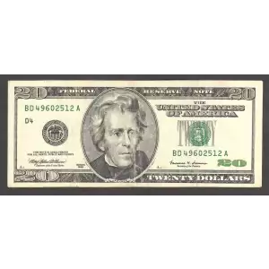 $20 1999 blue-Green seal. Small Size $20 Federal Reserve Notes 2086-D