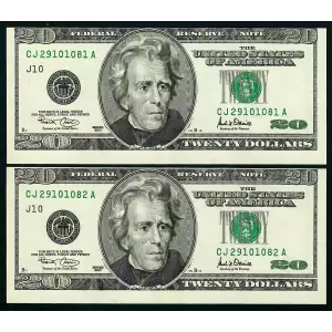 $20 2001 blue-Green seal. Small Size $20 Federal Reserve Notes 2088-J