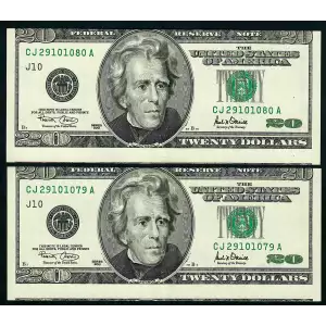 $20 2001 blue-Green seal. Small Size $20 Federal Reserve Notes 2088-J