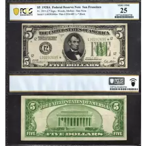 $5 1928-A. Green seal Small Size $5 Federal Reserve Notes 1951-L*