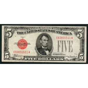 $5 1928-C red seal. Small Legal Tender Notes 1528m