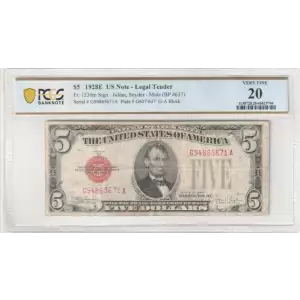 $5 1928-E red seal. Small Legal Tender Notes 1530m