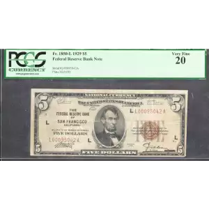 $5 1929 brown seal Small Federal Reserve Bank Notes 1850-L