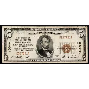 $5 1929 Small brown seal Small National Bank Notes 1800-1