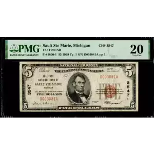 $5 1929 Small brown seal Small National Bank Notes 1800-1