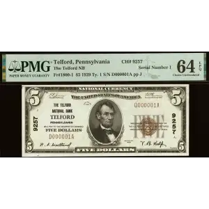 $5 1929 Small brown seal Small National Bank Notes 1800-1