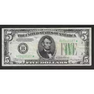 $5 1934-A. blue-Green seal. Small Size $5 Federal Reserve Notes 1957-B*