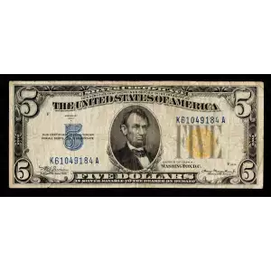$5 1934-A yellow seal Emergency Notes Issued During WW2 2307