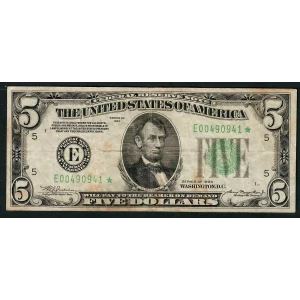 $5 1934 blue-Green seal. Small Size $5 Federal Reserve Notes 1956-E*