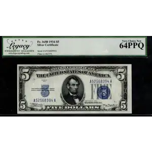 $5 1934 blue seal. Small Silver Certificates 1650