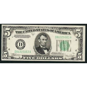 $5 1934-C. blue-Green seal. Small Size $5 Federal Reserve Notes 1959-A