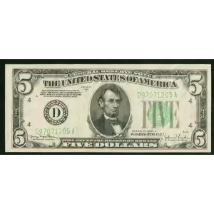 $5 1934-D. blue-Green seal. Small Size $5 Federal Reserve Notes 1960-D