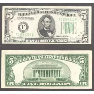 $5 1934-D. blue-Green seal. Small Size $5 Federal Reserve Notes 1960-F