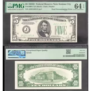 $5 1934-D. blue-Green seal. Small Size $5 Federal Reserve Notes 1960-J