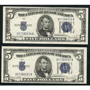 $5 1934-D blue seal. Small Silver Certificates 1654