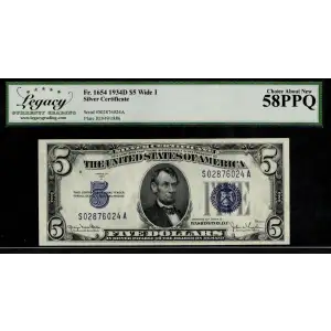 $5 1934-D blue seal. Small Silver Certificates 1654 (2)