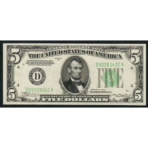 $5 1934 light Green seal. Small Size $5 Federal Reserve Notes 1955-D