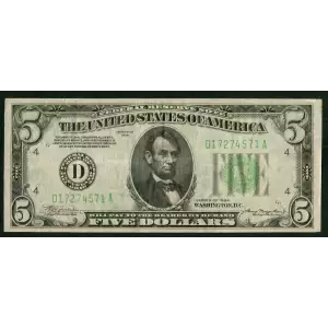 $5 1934 light Green seal. Small Size $5 Federal Reserve Notes 1955-D (2)