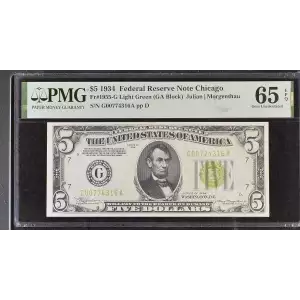 $5 1934 light Green seal. Small Size $5 Federal Reserve Notes 1955-G