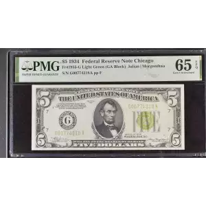 $5 1934 light Green seal. Small Size $5 Federal Reserve Notes 1955-G